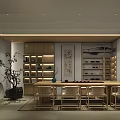 Traditional Chinese Teahouse Interior With Wooden Shelves Calligraphy Green Plant And Table Chairs