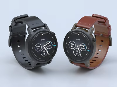 Dual Smart Watches With Black Brown Leather Straps Black Dial Fitness Features 3d model