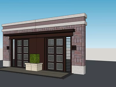 Modern Entrance Gate With Brick Structure Dark Door Lattice Panels Overhang And Potted Plants 3d model