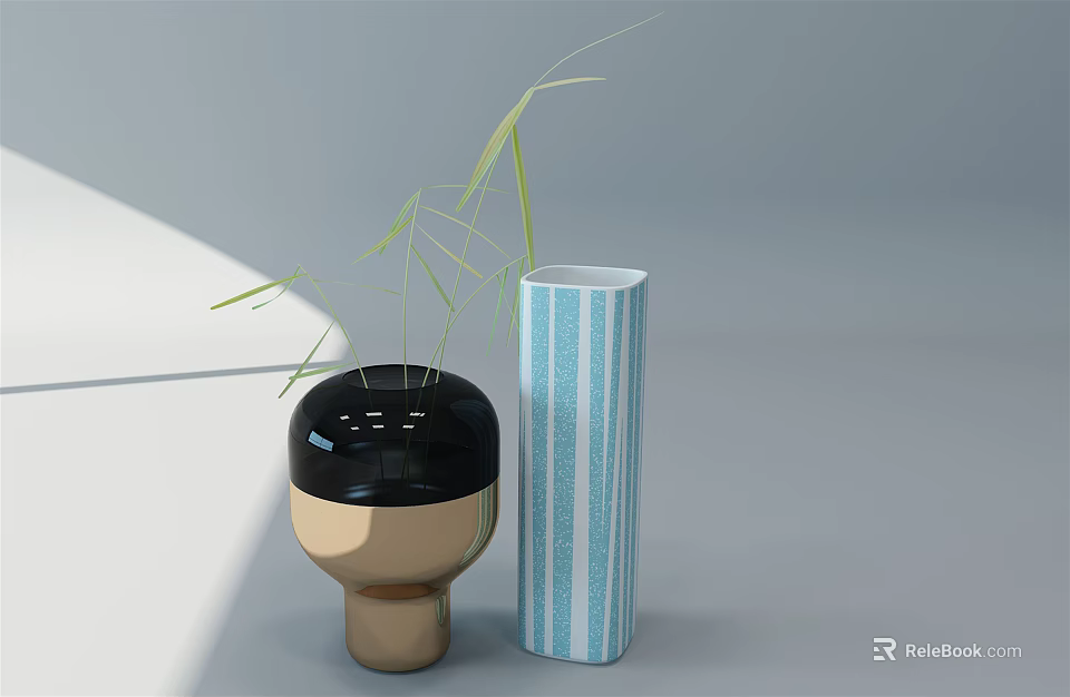 Black Gold And Blue White Striped Vases With Green Grass Leaves On Gray Background 3d model 