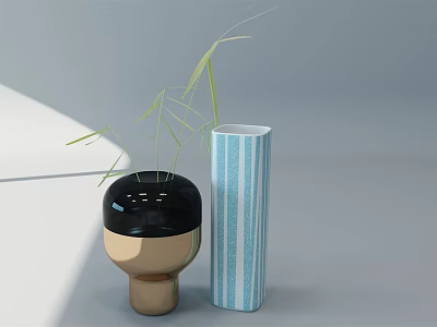 Black Gold And Blue White Striped Vases With Green Grass Leaves On Gray Background 3d model