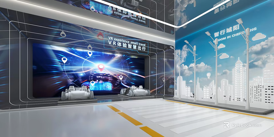 VR Experience Exhibition Hall With Virtual Scene Display And Interactive Tech Devices 3d model 