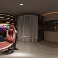 Modern Gaming Room Interior Setup With Red Gaming Chair Computer Neon Lights And Display Shelves