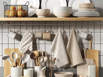 Organized Kitchen Utensils Display With Wooden Shelf Hanging Mugs Towels Bowls Plates And Spatulas 3d model