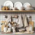 Organized Kitchen Utensils Display With Wooden Shelf Hanging Mugs Towels Bowls Plates And Spatulas