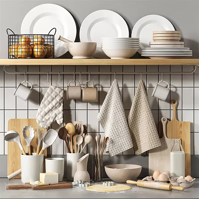 Organized Kitchen Utensils Display With Wooden Shelf Hanging Mugs Towels Bowls Plates And Spatulas 3d model