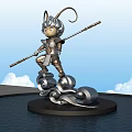 Cartoon Sculpture Holding Staff With Curly Horns Silver Armor On Cloud Base In Water Pool