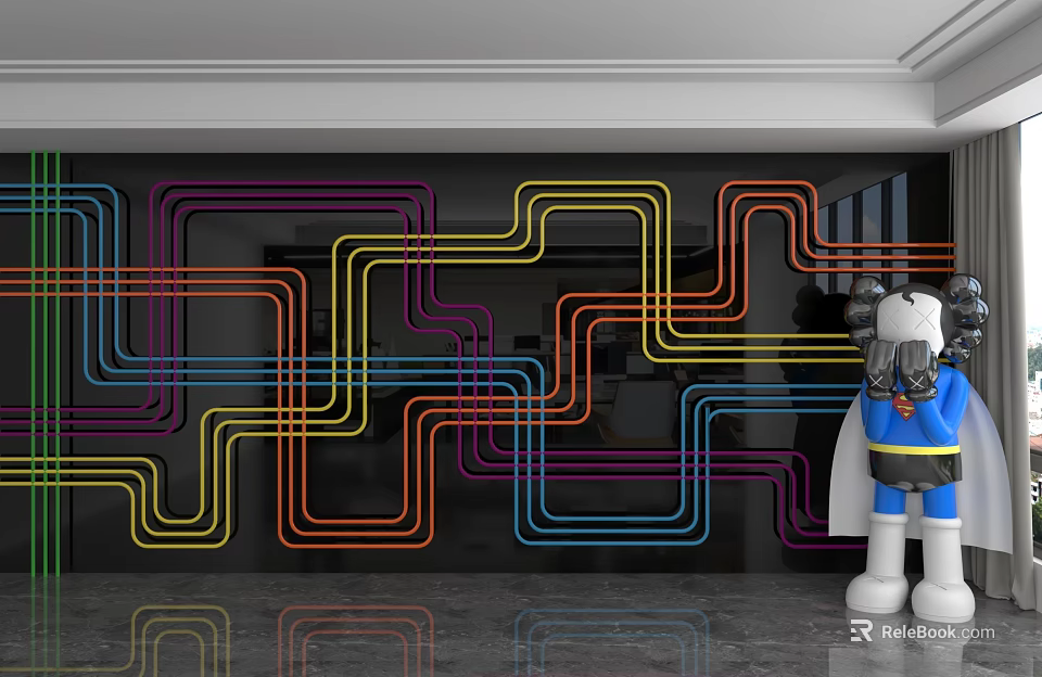 Stylish Modern Accent Wall with Vibrant Curved Neon Lines and Decorative Statue 3d model 