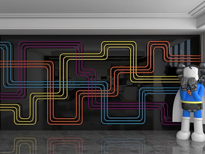 Stylish Modern Accent Wall with Vibrant Curved Neon Lines and Decorative Statue 3d model