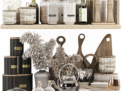 Stylish Kitchenware Display With Wooden Cutting Boards Teapot Storage Jars And Utensils 3d model