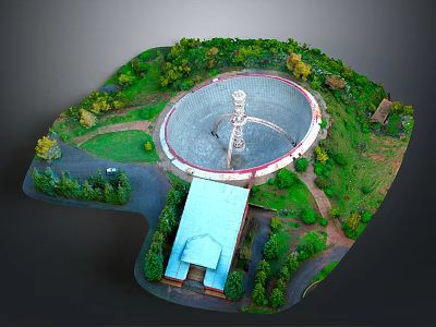 Radio Telescope Model With Circular Dish Surrounded By Greenery Paths And Small Building 3d model
