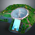 Radio Telescope Model With Circular Dish Surrounded By Greenery Paths And Small Building