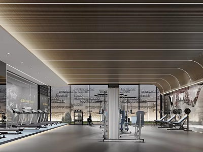Modern Fitness Gym Interior With Various Equipment And Large Windows 3d model
