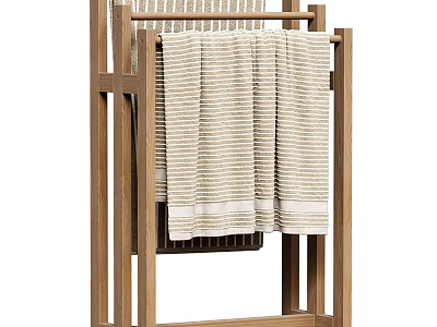 Soft Striped Towel Hanging On Wooden Towel Rack In Bathroom 3d model