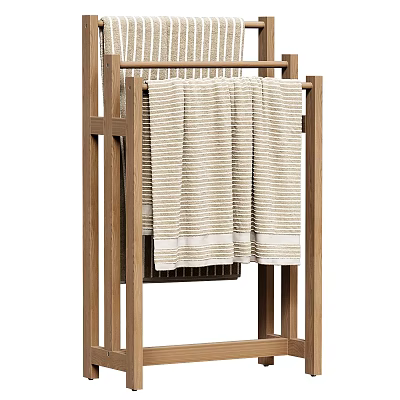 Soft Striped Towel Hanging On Wooden Towel Rack In Bathroom 3d model