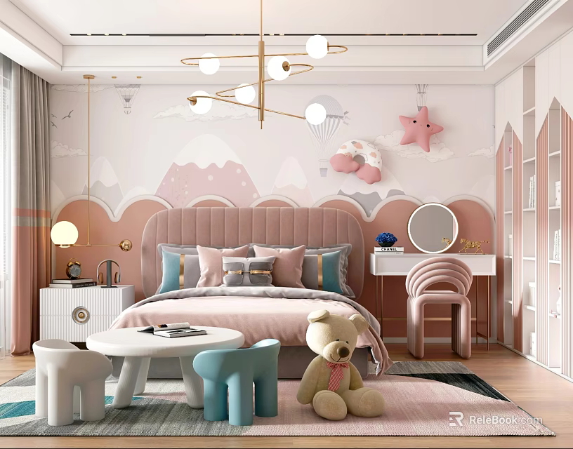 Kids Room Decor With Pink Wall Cloud Star Design Pink Headboard Colorful Stools Stuffed Bear 3d model 
