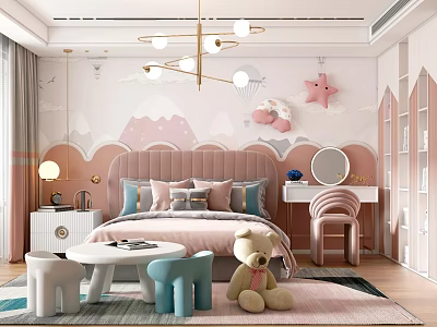 Kids Room Decor With Pink Wall Cloud Star Design Pink Headboard Colorful Stools Stuffed Bear 3d model