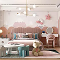 Kids Room Decor With Pink Wall Cloud Star Design Pink Headboard Colorful Stools Stuffed Bear