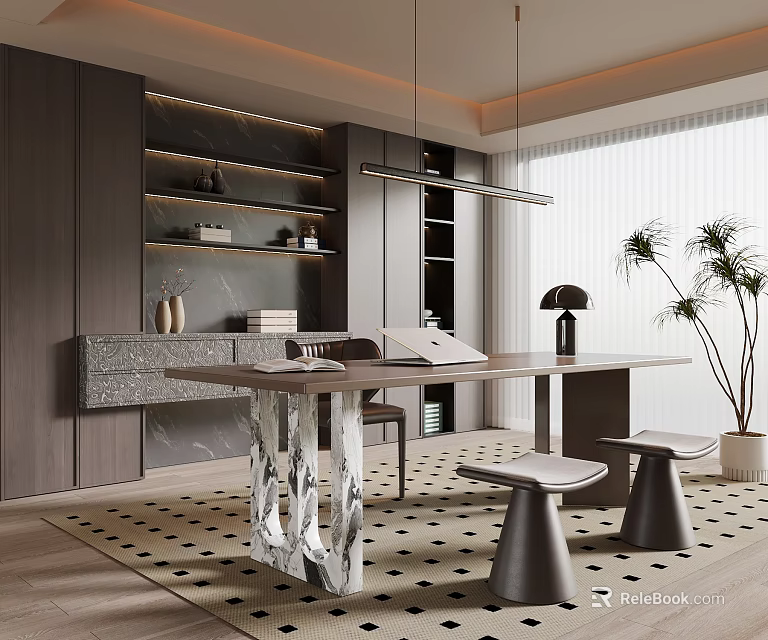 Modern Study Room Interior With Crystal Base Desk Metal Stools And Hanging Lighting 3d model 