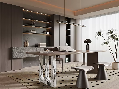 Modern Study Room Interior With Crystal Base Desk Metal Stools And Hanging Lighting 3d model