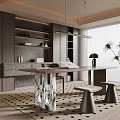 Modern Study Room Interior With Crystal Base Desk Metal Stools And Hanging Lighting