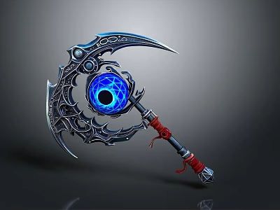 Ornate Scythe Weapon With Blue Glowing Orb And Red Wrapped Handle 3d model