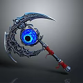 Ornate Scythe Weapon With Blue Glowing Orb And Red Wrapped Handle