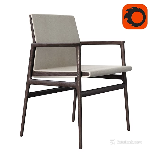 Modern Dark Wood Frame Stool With Light Beige Upholstered Seat And Sleek Armrests 3d model 