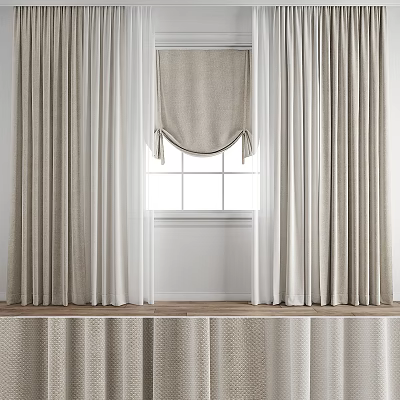 Light Beige Fabric Curtains With Valance For Modern Living Room Window 3d model