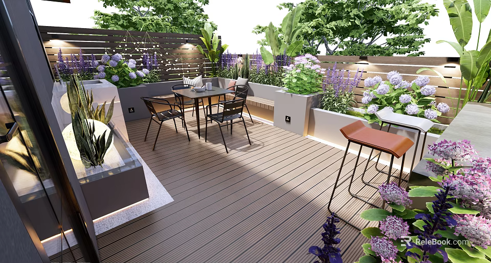 Elegant Courtyard Garden With Wooden Deck Outdoor Dining Set Planter Boxes And Colorful Plants 3d model 
