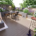 Elegant Courtyard Garden With Wooden Deck Outdoor Dining Set Planter Boxes And Colorful Plants