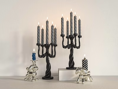 Elegant Black Candle Holders With Striped Candles And Silver Horse Figurines On White Tabletop 3d model