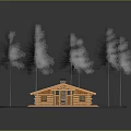 Cartoon Scene With Small Wooden House On Green Lawn And Trees Around