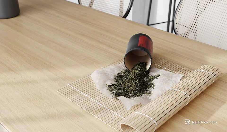 Bamboo Mat With Paper And Spilled Herbs From Cup On Light Wood Table 3d model 