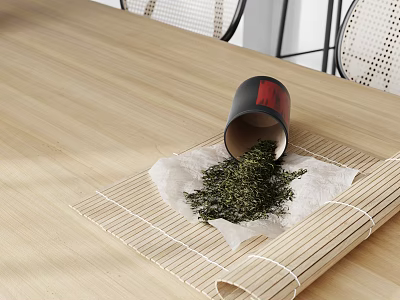 Bamboo Mat With Paper And Spilled Herbs From Cup On Light Wood Table 3d model Bamboo Mat With Paper And Spilled Herbs From Cup On Light Wood Table 3d model