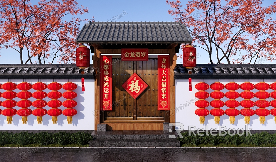 Village Garden Gate Red Lantern Spring Festival Couplets Spring Festival Couplets New Year Atmosphere Homestay Small Garden Gate Garden Gate model