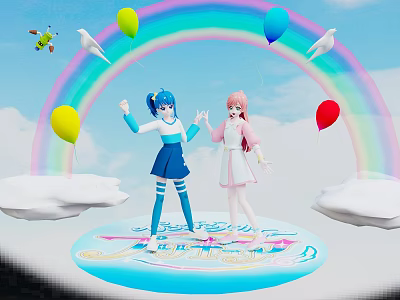 Two Blue And Pink Haired Girls Standing On Platform With Rainbow Balloons Doves And Clouds 3d model