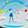 Two Blue And Pink Haired Girls Standing On Platform With Rainbow Balloons Doves And Clouds