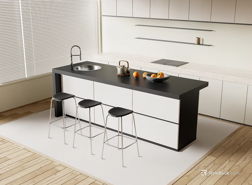 Modern Kitchen Bar Counter Design With Black Countertop White Cabinets And Stools 3d model 