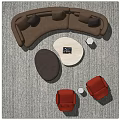 Modern Curved Brown Sofa And Round White Coffee Table Set With Red Accent Chairs 3d model