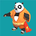Animated Panda Game Movie Character in Orange Outfit Doing Martial Arts Pose on Blue Background