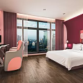 Hotel Room Interior With Comfortable Bed City View And Modern Workspace 3d model