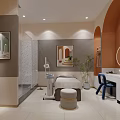 Modern Beauty Salon Interior With Curved Ceiling White Reception Desk Product Shelves And Salon Chairs
