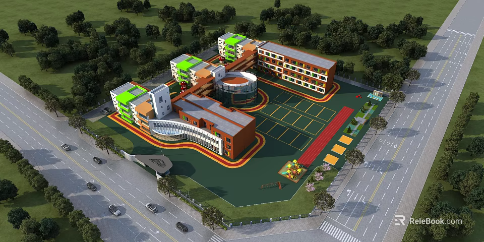 Modern School Campus Building Complex With Circular Structure Multiple Buildings Playground And Green Surroundings 3d model