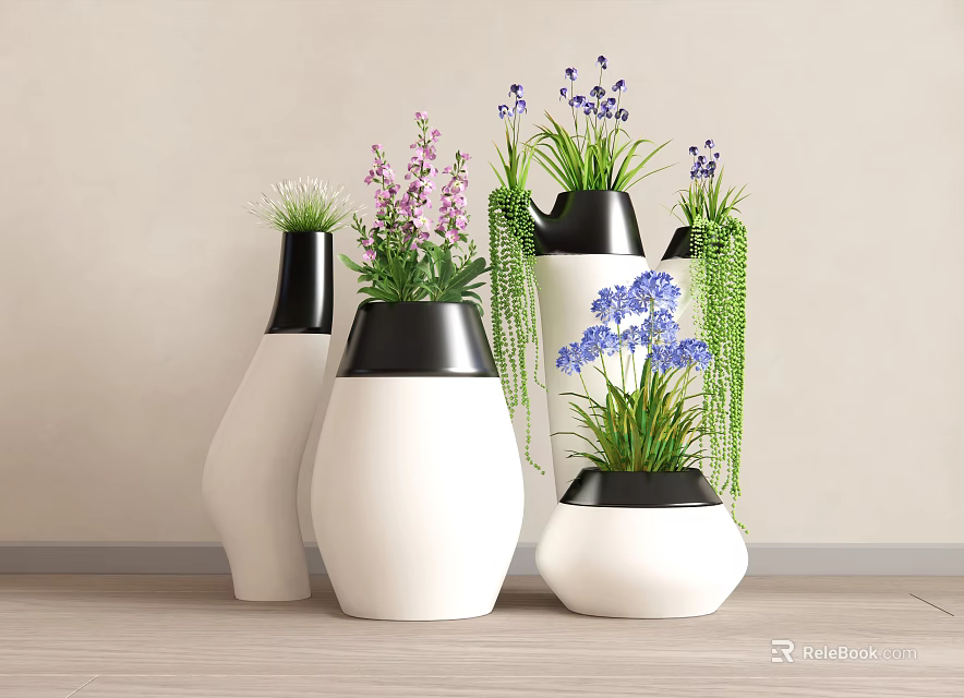 Modern Minimalist White And Black Flower Pots With Purple Blue Flowers Green Plants 3d model 