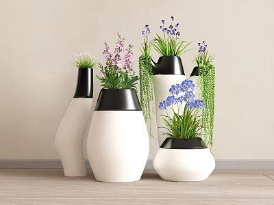 Modern Minimalist White And Black Flower Pots With Purple Blue Flowers Green Plants 3d model