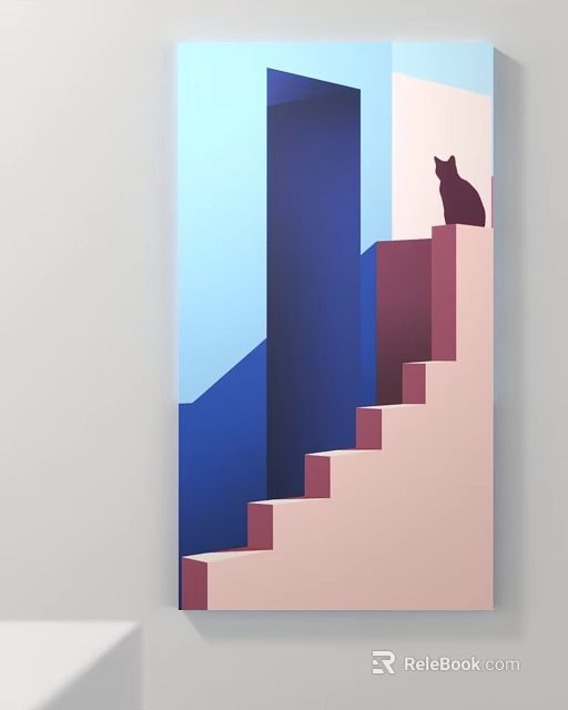 Cat Silhouette Sitting On Stairs With Blue Pink Geometric Blocks 3d model 