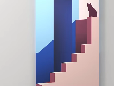 Cat Silhouette Sitting On Stairs With Blue Pink Geometric Blocks 3d model