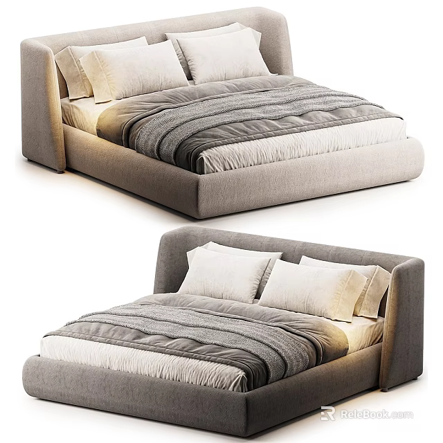Modern Minimalist Double Bed with Upholstered Headboard Gray Striped Bedspread White Pillows 3d model 