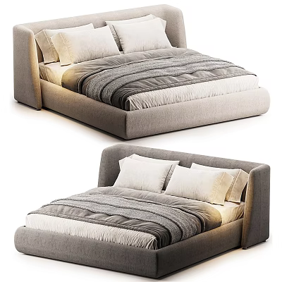 Modern Minimalist Double Bed with Upholstered Headboard Gray Striped Bedspread White Pillows 3d model